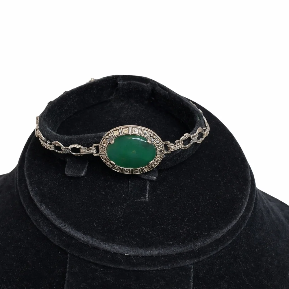 Vintage Art Deco Sterling Marcasite Green Chalcedony Bracelet Oval Cabochon - Picture 2 of 8